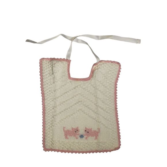 VINTAGE Handmade Crochet Knitted Pink Kittens Baby Bib - Picture 1 of 4